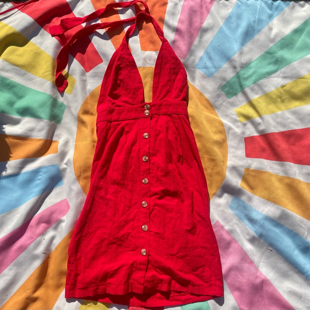 Red Retro Midi Button Down Halter Dress